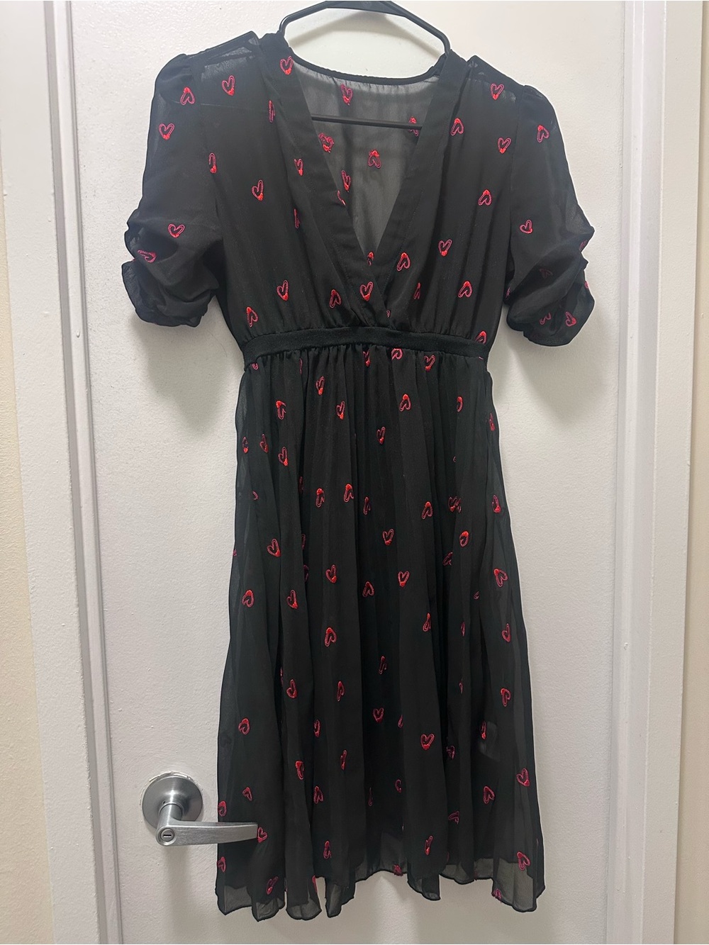 Black Midi Dress with Red Heart Embroidery